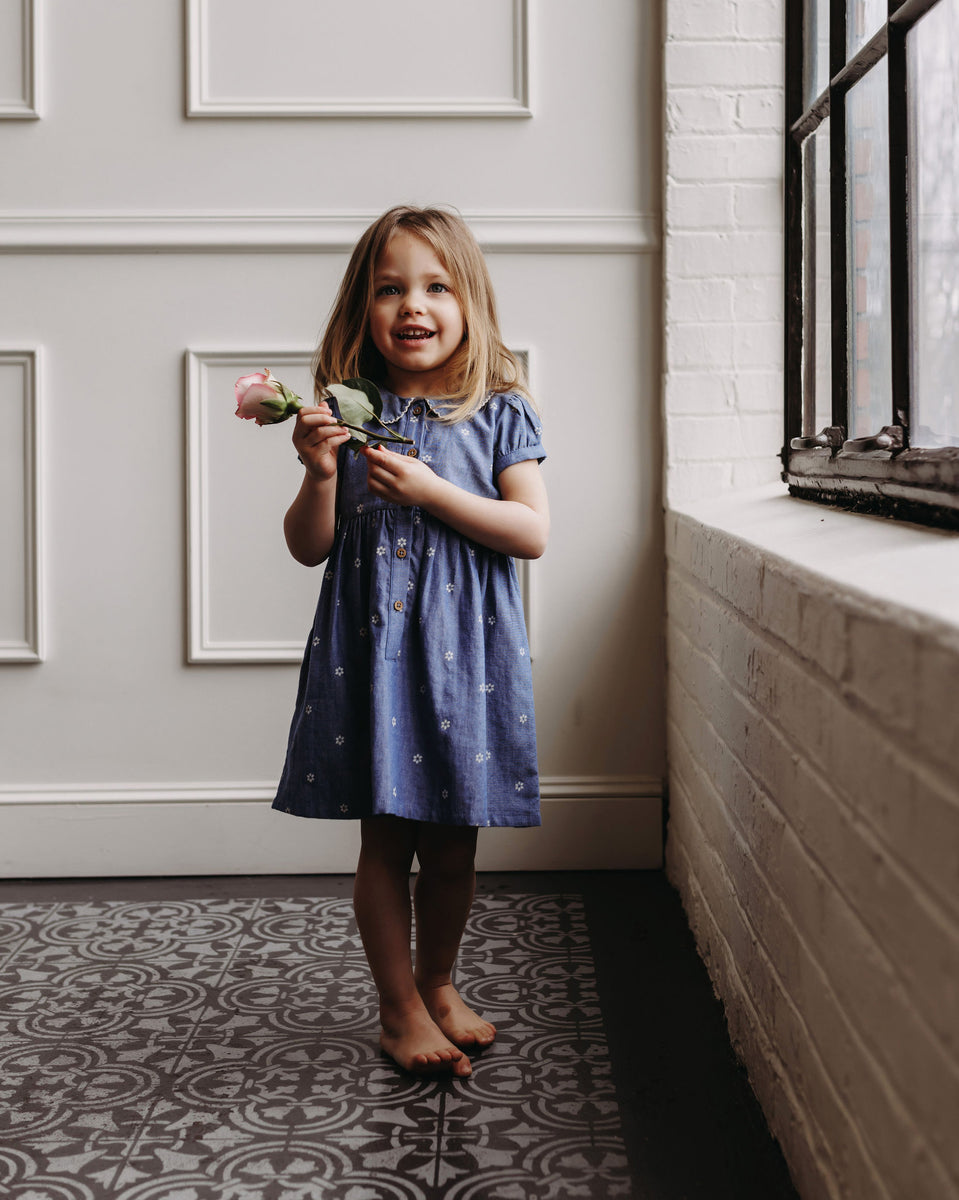 Round Collar Button Dress - Chambray Daisies